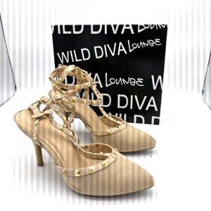 Wild Diva Heels Studded Beige & Gold Stiletto Buckle Accent Pointed Closed Toe